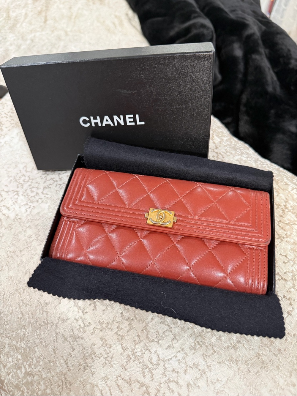 CHANEL Quilted Burgundy Leather Wallet with Gold CC Turnlock